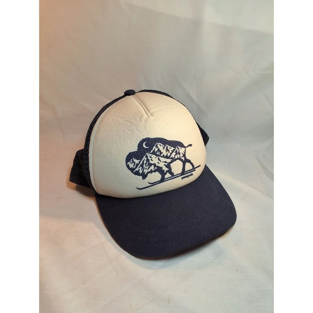 Patagonia Bison Mountain Skiing Trucker Hat Navy Blue Cream Snapback Mesh Cap